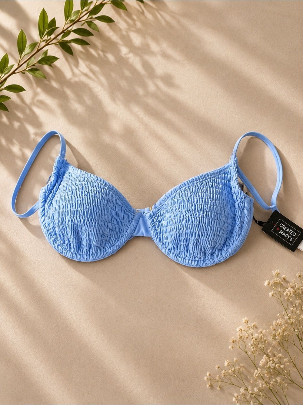 Smocked Light Blue Underwire Bra with Adjustable Straps